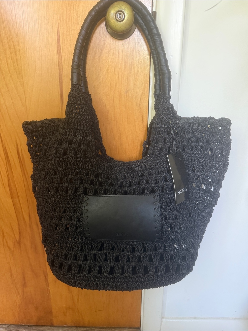 BCBG Black Crochet Tote with Leather Patch and Wrapped Handles